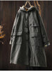 Women Vintage Hooded Button Parkas Plus Cotton Winter Coats Solid Color Patchwork Pockets Warm Long Parkas