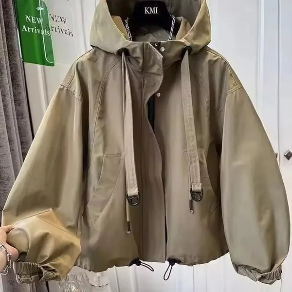 Korean Solid Casual Trench Coat Women Spring Autumn Loose Long Sleeve Hooded Zipper Windbreaker Female Outerwear