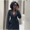 V-Neck Longline Tailored Double-Breasted Blazer Coat Black Peak Lapel Welt Pockets Autumn Elegant Office Women Outerwear