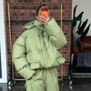 Winter Warm Women's Down Coat Matching Set Stripes Pockets Hooded Jacket Wide Leg Pants Two Piece Set Casual Lady Outfits