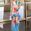 Blue Green Tie-Dye Print Women's Two-piece Set Three-quarter Sleeves A-line Top Wide Leg Pants Spring 2DB7115