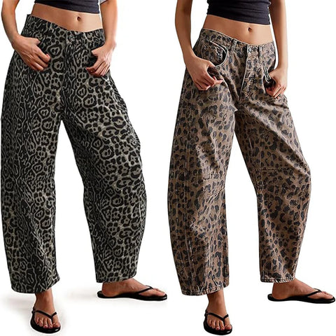 Women's Basic Versatile Street Casual Comfortable Loose Printed Leopard Print Straight Leg Women's Jeans