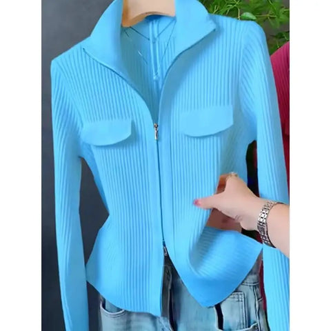 Zipper Short Knitted Cardigan Sweater Women's Spring Autumn Korean Versatile Coat Top Turn-Down Sweater Solid