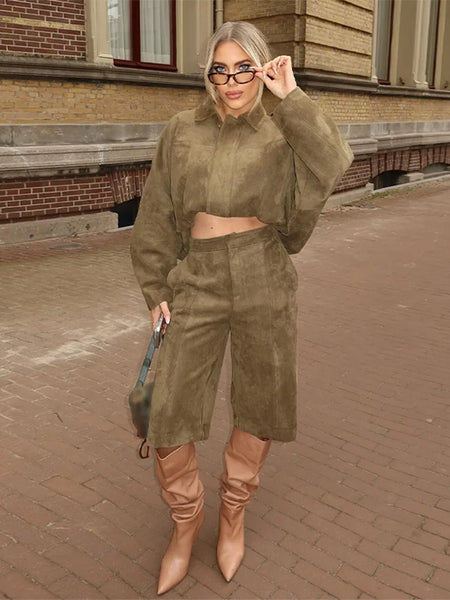 Casual Suede Jackets Women Loose High Neck Long Sleeves Pocket Zipper Coats Female Autumn Winter Chic Solid Outwear