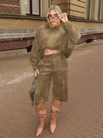 Casual Suede Jackets Women Loose High Neck Long Sleeves Pocket Zipper Coats Female Autumn Winter Chic Solid Outwear