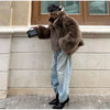 Women Brown Faux Fur Open Front Cardigan Coat Long Sleeve Collarless Loose Plush Outerwear Lady Elegant Winter Warm Furry Jacket
