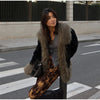 Elegant Solid Faux Fur Spliced Coat Women Lapel Long Sleeve Tassel Plush Outerwear Fall Winter Warm Streetwear