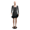 Women Dress Diamonds Splice Ruffles Mini Dresses Square Collar Full Sleeve Slim Fit Sold Evening Party Vestidos Elegant Ladies