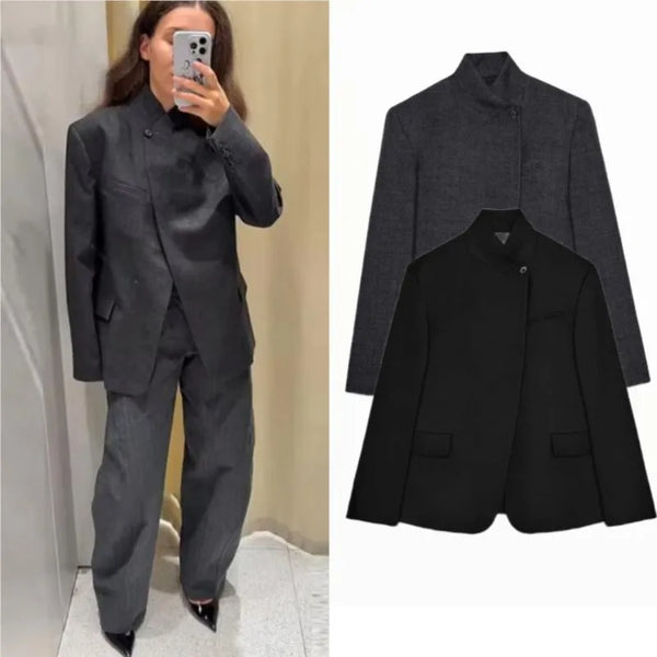 Women's Suit Jackets Autumn Loose Long Sleeve Stand Collar Single Button Coat Casual Chic Female Office Lady Outerwear Tops