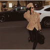 Solid Single Breasted Suede Short Jacket Women Full Sleeve Buckle Lapel Slim Shoulder Pad Coat Lady High Street Wear