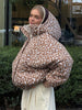 Women Deer Spotted Hooded Puffer Jacket Brown White Dots Drawstring Hood Cropped Elastic Cuff Coats Warm Winter Casual Outerwear