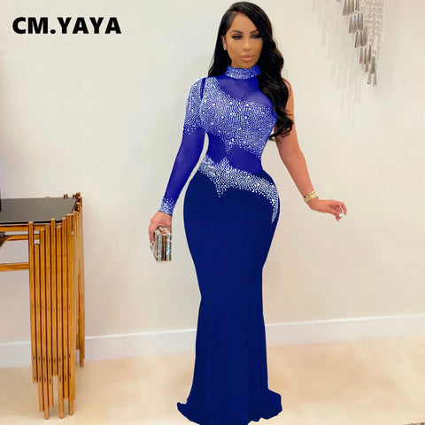 Women Diamonds Rhinestones Bodycon Midi Maxi Mermaid Dress Elegant Sexy Party Club One Long Sleeve Long Dresses