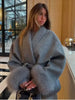 Women Grey Fur Splicing Woolen Coat Casual Belt Full Sleeve Lapel Loose Cardigan Outwear Lady Winter Highstreet Jacket
