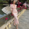 Elegant Floral Long Dress Women's Deep V neck High Waist Office Lady Party Dress Slim Long Sleeve Female Fishtail Dress