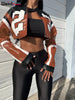 Faux Leather Varsity Jacket Women Hipster Letter Print Autumn Casual Sporty Wild Streetwear Uniform Crop Coat