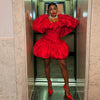 Red Puff Sleeve Mini Dress Women Sweetheart Neck Ruffle Trim Balloon Hem Bodycon Party Club Evening Cocktail Dress