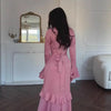 High Neck Ruffled Bell Sleeve Belted Waist Tiered Hem Elegant Maxi Dress Women Formal Evening Gown