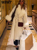 White Fur Patchwork Lace-up Overcoats Women's Street V-neck Full Sleeve Long Woolen Coat Winter Ladies Thick Outwear