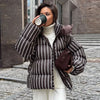 Winter Women Striped Hooded Cotton Jacket Long Sleeve Stand Zipper Buttons Thickening Padded Jackets Casual Office Lady Coat