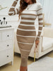 Office Ladies Knitted Dress Elegant Striped Print Slim Long-sleeved Dress Autumn Winter