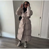Winter Warm Stand Neck Long Lace Up Down Jackets Women Solid Ruff Soft Waist-cinching Coat Female Winter Chic Jackets