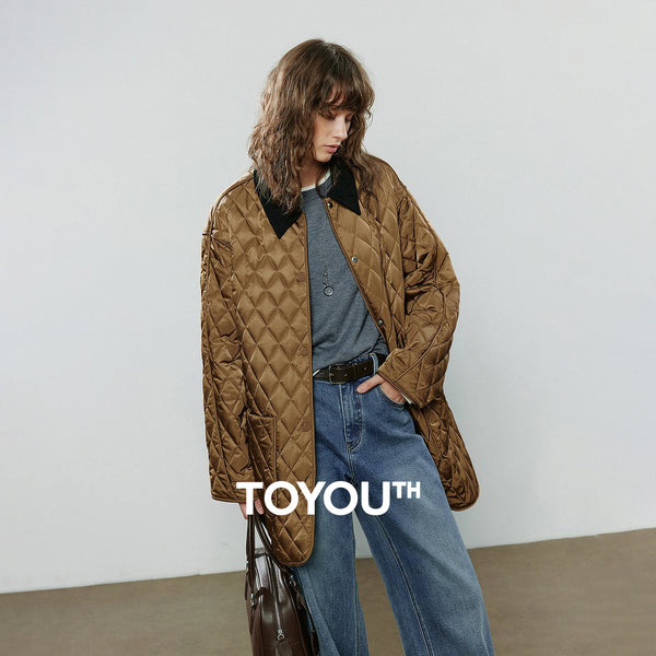 Women Cotton Jacket Winter Retro Diamond Grid Workwear Large Pocket Mid Length Jacket Brown