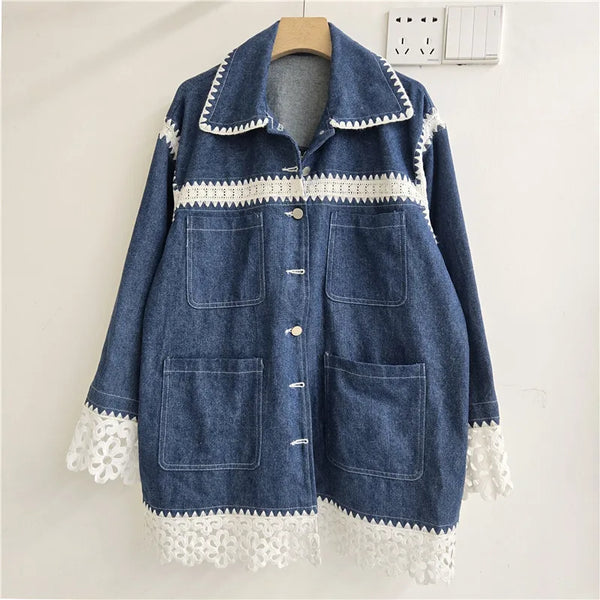 French Style Autumn Denim Polo Collar Lace Hollow Out Color-Contrast Women's Top Casual Jackets