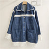 French Style Autumn Denim Polo Collar Lace Hollow Out Color-Contrast Women's Top Casual Jackets