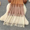 Tassel Patchwok Color Block Dress for Women Pleated Puff Sleeve Mid-calf Dresses Female Autumn
