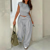 Women Plus Size Two Piece Set Daily Grey Casual Round Neck Casual High Street Waistcoat Pocket Pull-On Waist Two Piece Pant Sets