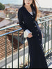 Dark Blue Knitted Robe Women Long Sleeve Slim A-Line Splices Mid-Length Dress