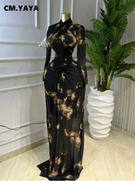 Women Draped O-neck Ruched Full Sleeve Long Maxi Dress Spring Evening Club Party Vestidos Sexy Dresses