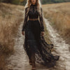 Spring Autumn Chic Long Sleeve O-Neck Prom Dress Retro Black Sexy Zipper Long Dress Women's Lace Jacquard Hollow out Party Dress
