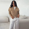 Women Camel Ribbed Knit Cardigan Zip Up High Collar Long Sleeve Cropped Sweater Flap Pockets Jacket Casual Autumn Outfits