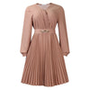 Elegant Dresses Woman V Neck Full Sleeve Pleated Mid Calf Belt Waisted African Female Birthday Party Dress