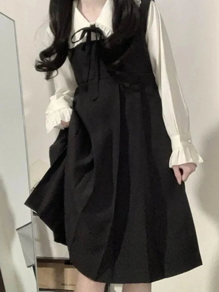 Dress Sets Women Peter Pan Collar Flared Sleeve Shirt + Square Collar Japanese Dress Two-piece Suit Girl