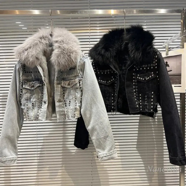 Real Fur Denim Jacket Women Autumn Fried Street Style Natural Fox Fur Collar + Rabbit Fur Liner Warm Rivet Short Jean Coat