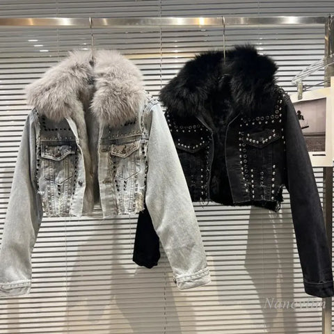 Real Fur Denim Jacket Women Autumn Fried Street Style Natural Fox Fur Collar + Rabbit Fur Liner Warm Rivet Short Jean Coat