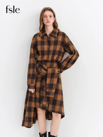 Winter Women's Retro Plaid Brushed Shirt Dress with Asymmetrical Hem - Versatile Layering Slip Dress for Casual