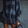 Retro Plaid Printed Ruffle Hem Dress for Women's Turtleneck Lantern Sleeve Elegant Flare Sleeve Casual Long Sleeve Mini Dress