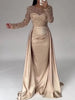 Elegant Satin Sequin Stitching Dress Glitter High Waist Gala Evening Dress Women Chic Long Sleeve Full Length Party Dress
