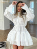 Loose White Women's Dress Casual Stand Collar Long Sleeve Mini Dresses Elegant Lace-Up Pleated Female Dress