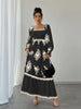 Women's All Over Print Shirred Bishop Sleeve A Line Dress, Long Sleeve Dress for Fall & Winter