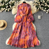 Retro Elegant Autumn Edible Tree Fungus Patchwork Long Sleeves Print Chiffon Dress A-line French Vintage Vacation Women Dresses