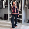 Color Block Argyle Knitted Women Cardigan Oversized Lapel Collar Long Sleeve Sweater Coat Fall Winter Warm Loose Knitwear