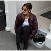 Wine Red Pu Leather Long Sleeve Lapel Collar Zipper Jackets Women Loose Short Coats Female Autumn Office Daily Wear