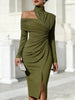 Elegant Hight Waist Draped Bodycon Dresses High Collar Split Midi Dress Women Casual Long Sleeve Solid Slim Party Dress
