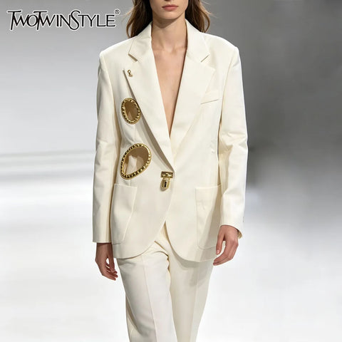 Hollow Out High Street Blazers for Women Notched Collar Long Sleeve Spliced Metal Buckle Blazer Female
