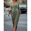 Women's Satin Evening Party Maxi Dress Draped Silk V-Neck Long Sleeve Office Lady Midi Dresses Vestidos Sexy Chic Robes Longue