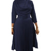 Elegant Office Dress Pleated for Women Professional Round Neck Full Sleeve Belt Waisted Mid Calf Formal Business Work Dress